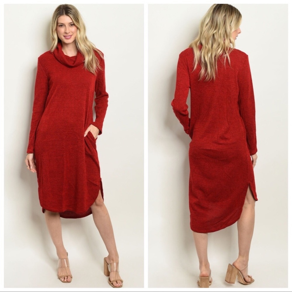 Long Sleeve Cowl Neck Slub Knit Tunic Dress